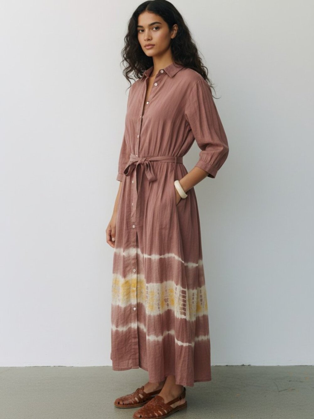 Women's Button Front Midi Shirt Dress Size 36 Small Dusty Rose Boho Modest Belt